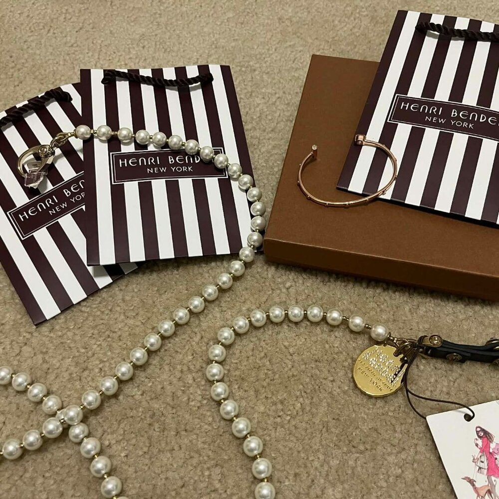 HENRI BENDEL DOG LEASH W/TAGS, COPPERTONE BRACELET WITH RHINESTONES, ETC.